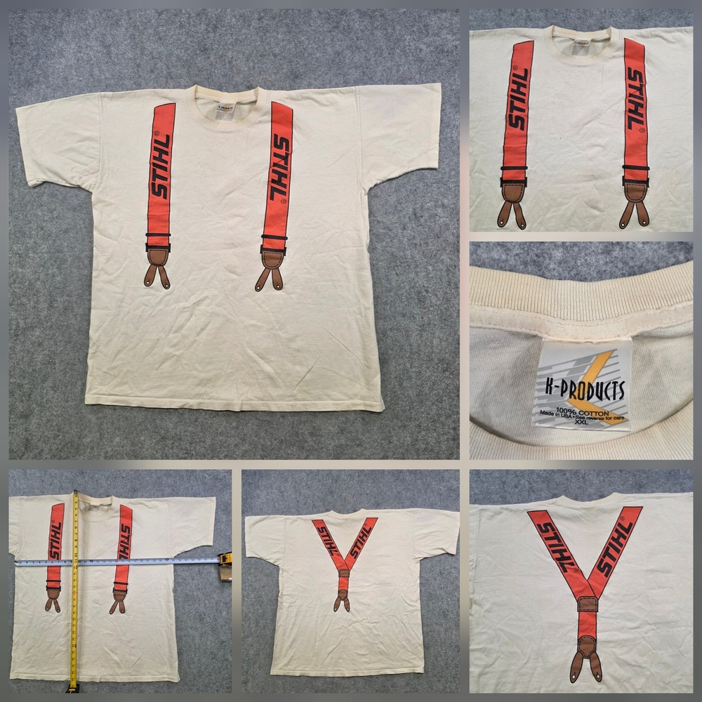 Vintage STIHL Suspenders T Shirt Mens 2XL White K Products USA Workwear Tee